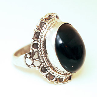 Bijoux ethniques Indiens bague argent 925 ovale filigranes et pierre fine Onyx noir - Inde 021 b