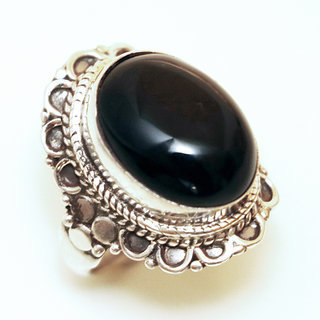 Bijoux ethniques Indiens bague argent 925 ovale filigranes et pierre fine Onyx noir - Inde 021 