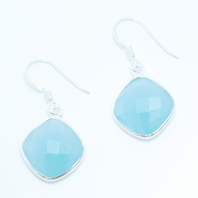 Boucles d'oreilles argent massif 925 losanges facettes et Calcédoine bleue - Inde 005