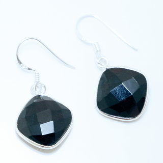 Bijoux Indiens Ethniques boucles d'oreilles argent 925 et pierre fine losange carr - Inde 005 Onyx noir