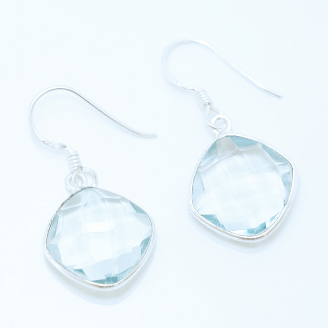 Boucles d'oreilles argent massif 925 losanges facettes et Cristal bleu Topaze - Inde 005