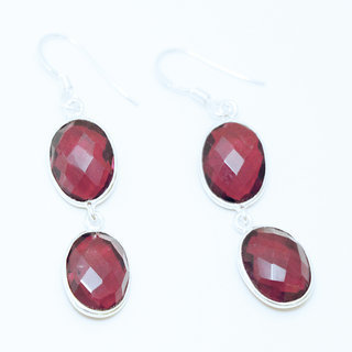 Bijoux Indiens Ethniques boucles d'oreilles argent 925 et pierre fine double ovale - Inde 006 Grenat rouge