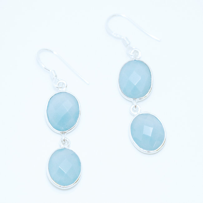 Boucles d'oreilles ovales facettes argent 925 et Calcédoine bleue - Inde 006