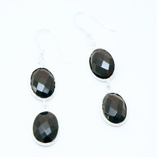 Bijoux Indiens Ethniques boucles d'oreilles argent 925 et pierre fine double ovale - Inde 006 Onyx noir