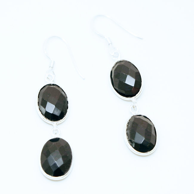 Boucles d'oreilles ovales facettes argent 925 et Onyx - Inde 006