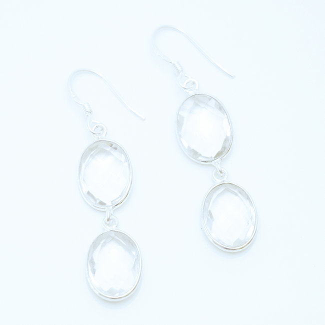 Bijoux Indiens Ethniques boucles d'oreilles argent 925 et pierre fine double ovale - Inde 006 Cristal de roche transparent