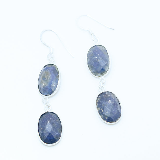 Bijoux Indiens Ethniques boucles d'oreilles argent 925 et pierre fine double ovale - Inde 007 Lapis Lazuli bleu