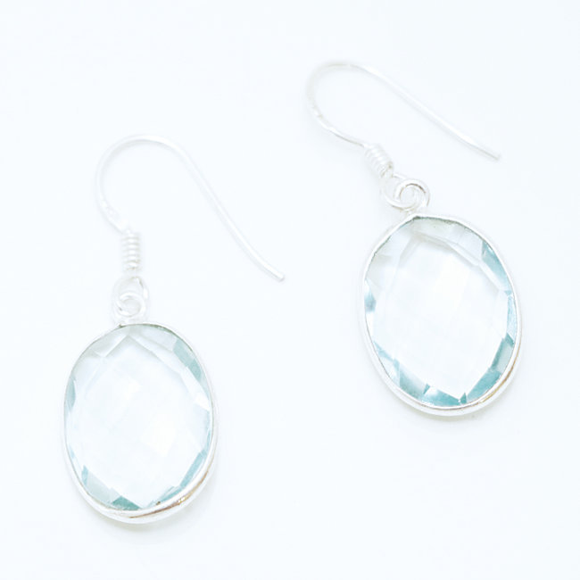 Boucles d'oreilles ovales facettes argent 925 et cristal bleu Topaze - Inde 008