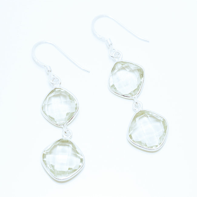 Boucles d'oreilles argent massif 925 losanges facettes et Améthyste verte - Inde 011