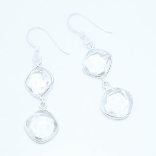 Bijoux Indiens Ethniques boucles d'oreilles argent 925 et pierre fine double losange carr - Inde 011 Cristal de roche