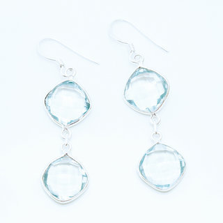 Bijoux Indiens Ethniques boucles d'oreilles argent 925 et pierre fine double losange carr - Inde 011 Topaze bleue
