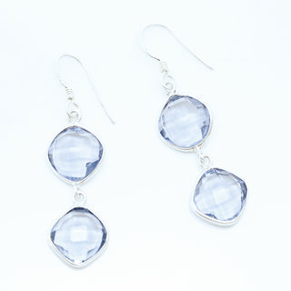 Bijoux Indiens Ethniques boucles d'oreilles argent 925 et pierre fine double losange carr - Inde 011 Iolite bleue