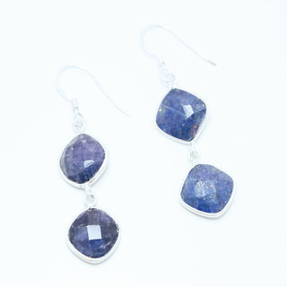 Bijoux Indiens Ethniques boucles d'oreilles argent 925 et pierre fine double losange carr - Inde 011 Lapis