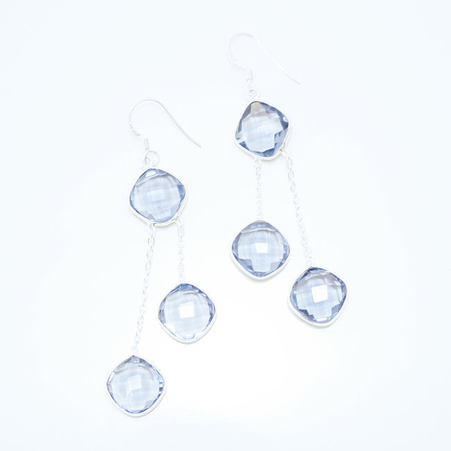 Boucles d'oreilles argent massif 925 losanges facettes et Cristal Bleu Iolite - Inde 013