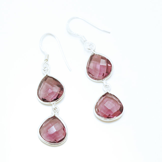 Boucles d'oreilles gouttes facettes argent 925 et Cristal rose Grenat - Inde 017