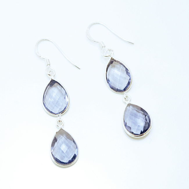 Boucles d'oreilles gouttes facettes argent 925 et Cristal bleu Iolite - Inde 020