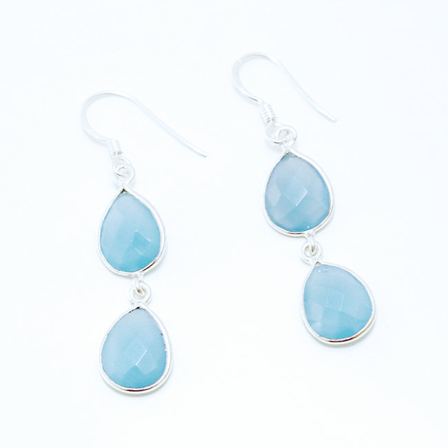 Boucles d'oreilles gouttes facettes argent 925 et Calcédoine bleue - Inde 020