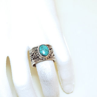 Bijoux ethniques indiens bague en argent 925 homme femme anneau filigranes et pierre fine ovale turquoise naturelle rglable ajustable ouverte npalais - Npal 003C claire d