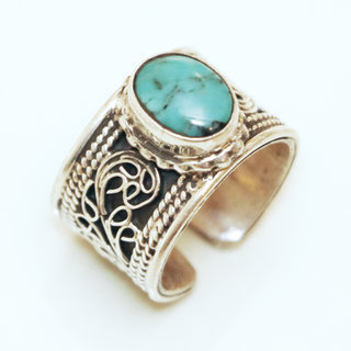 Bijoux ethniques indiens bague en argent 925 homme femme anneau filigranes et pierre fine ovale turquoise naturelle rglable ajustable ouverte npalais - Npal 003C claire