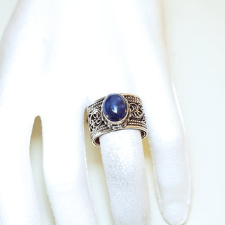 Bijoux ethniques indiens bague en argent 925 anneau homme femme large filigranes et pierre fine ovale Lapis Lazuli bleu rglable ajustable ouverte npalais - Npal 003 b