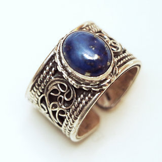 Bijoux ethniques indiens bague en argent 925 anneau homme femme large filigranes et pierre fine ovale Lapis Lazuli bleu rglable ajustable ouverte npalais - Npal 003