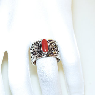 Bijoux ethniques indiens bague en argent 925 anneau homme femme large filigranes et pierre fine ovale corail rouge fin rglable ajustable ouverte npalais - Npal 004 b