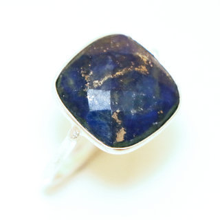 Bijoux ethniques Indiens bague fine argent 925 facettes et pierre fine carre losange Lapis Lazuli bleu - Inde 032