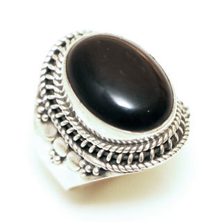 Bijoux ethniques Indiens bague argent 925 ovale filigranes et pierre fine Onyx Noir - Inde 017S 