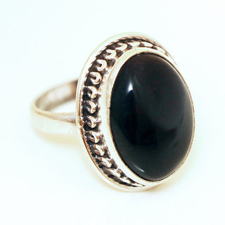 Bijoux ethniques Indiens bague cabochon argent 925 et pierre fine ovale Onyx noir - Inde 004 b