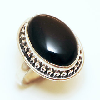 Bijoux ethniques Indiens bague cabochon argent 925 et pierre fine ovale Onyx noir - Inde 004 