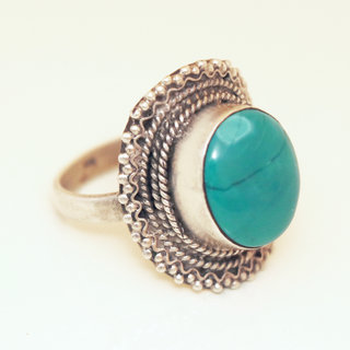 Bijoux ethniques Indiens bague Turquoise et argent 925 pierre fine ovale - 043  c