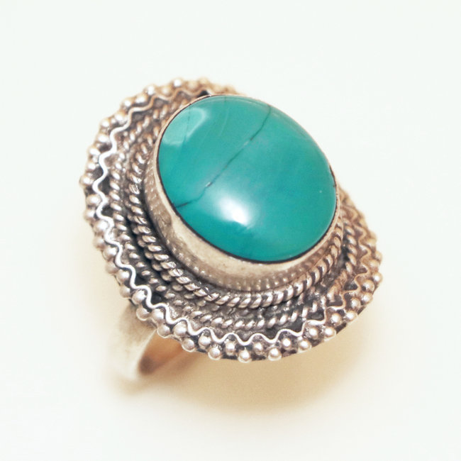 Bague ovale filigranes argent 925 et Turquoise Naturelle - Inde 043