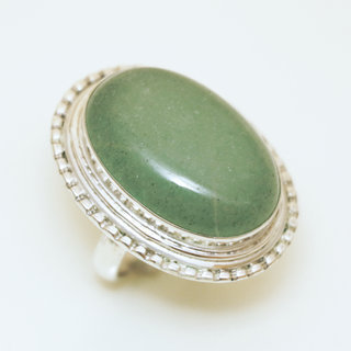 Bijoux ethniques Indiens bague argent 925 et pierre fine grande ovale - 047 Aventurine verte