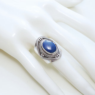 Bijoux ethniques indiens bague argent 925 massif femme homme chevalire et pierre fine ovale filigranes grav Lapis-Lazuli bleu - Npal 005 b