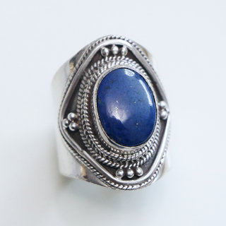 Bijoux ethniques indiens bague argent 925 massif femme homme chevalire et pierre fine ovale filigranes grav Lapis-Lazuli bleu - Npal 005 c