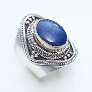 Bijoux ethniques indiens bague argent 925 massif femme homme chevalire et pierre fine ovale filigranes grav Lapis-Lazuli bleu - Npal 005