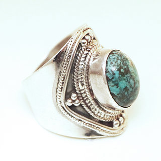 Bijoux ethniques indiens bague chevalire en argent massif 925 homme femme npal - 005 Turquoise b