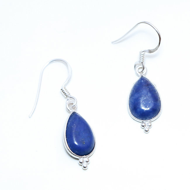 Bijoux Indiens Ethniques boucles d'oreilles argent 925 et pierre fine pendante perle goutte - Inde 021 Lapis Lazuli bleu
