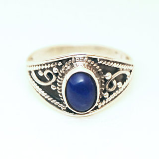 Bijoux ethniques Indiens bague argent 925 fine filigranes et pierre fine ovale grave Lapis Lazuli bleu - Inde 060 b