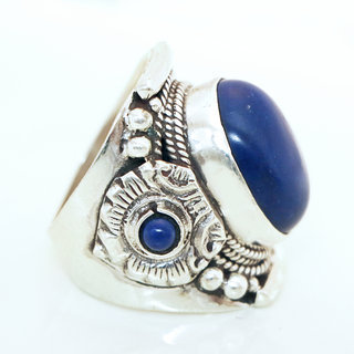 Bijoux ethniques indiens bague chevalire en argent massif 925 et pierre fine lapis lazuli grav filigrane npalais - 008 Npal b