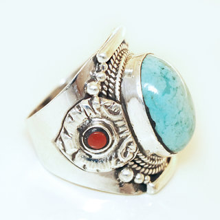 Bijoux ethniques indiens bague chevalire en argent massif 925 et pierre fine turquoise naturelle corail grav filigrane npalais - 008 Npal b