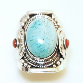 Bijoux ethniques indiens bague chevalire en argent massif 925 et pierre fine turquoise naturelle corail grav filigrane npalais - 008 Npal c