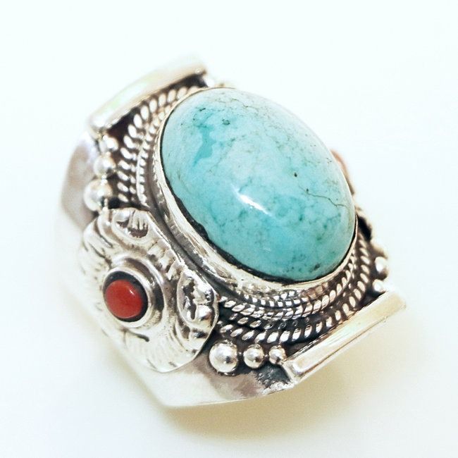 Bague chevalière en argent 925, Turquoise naturelle et Corail - Népal 008