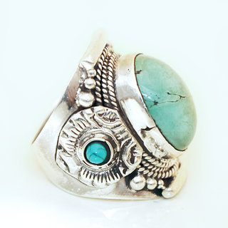 Bijoux ethniques indiens bague chevalire en argent massif 925 et pierre fine turquoise naturelle grav filigrane npalais - 008 Npal b