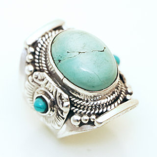 Bijoux ethniques indiens bague chevalire en argent massif 925 et pierre fine turquoise naturelle grav filigrane npalais - 008 Npal