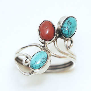 Bijoux ethniques indiens bague en argent 925 pierre fine filigranes - Npal 009 Turquoise Corail b