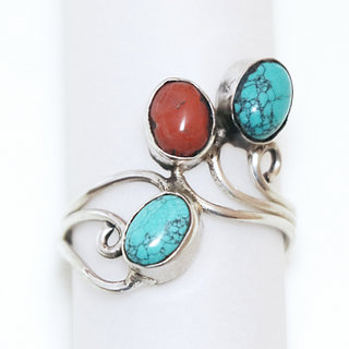 Bijoux ethniques indiens bague en argent 925 pierre fine filigranes - Npal 009 Turquoise Corail c