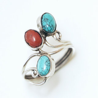 Bijoux ethniques indiens bague en argent 925 pierre fine filigranes - Npal 009 Turquoise Corail