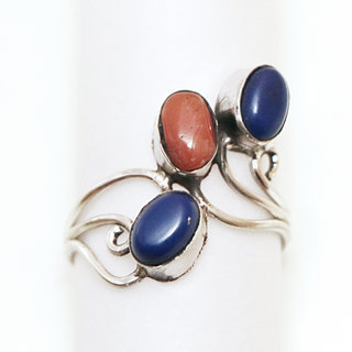 Bijoux ethniques indiens bague en argent 925 pierre fine filigranes - Npal 009 Lapis-Lazuli Corail b