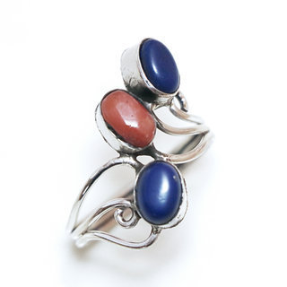 Bijoux ethniques indiens bague en argent 925 pierre fine filigranes - Npal 009 Lapis-Lazuli Corail